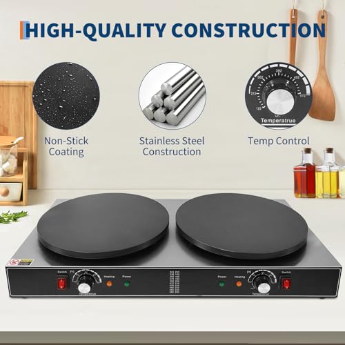 16 Inch Double Plates Commercial Crepe Maker, Non-Stick Electric Crepe Machine with Precise Temp Control and Indicator Lights for Home and Restaurant,3500 w,110 v