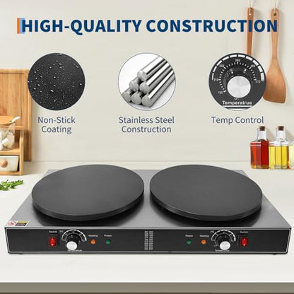 16 Inch Double Head Electric Crepe Maker – Commercial Non-Stick Flat Plate Griddle – Accurate Temperature Control & Gauge Lights – 3500W/1750W 110V – Perfect for Pancakes & Omelets
