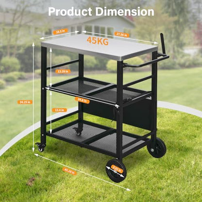 ROVSUN Stainless Steel Foldable Grill Table Cart, Outdoor Food Prep Rolling Cart with Wheels and Storage Shleves, Paper Towel Holder, Easy Movable Kitchen Island for Home, Patio, Pizza Oven