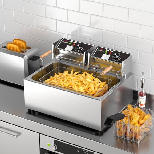 TANGME Commercial Deep Fryer, 3400w Electric Countertop Fryer with 3 Baskets, 22L/23.25Qt 1mm Thickened Stainless Steel Oil Fryer with Temperature Limiter for Restaurant, UL Certified