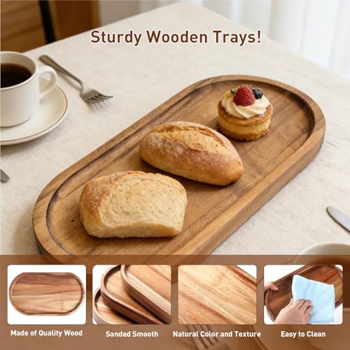 Wood Tray Set of 6, Oval Acacia Wood Serving Board Bulk, Small Charcuterie Boards, Wooden Serving Platters for Cheese Bread Fruit Dessert Tea, Kitchen Dining Catering Trays