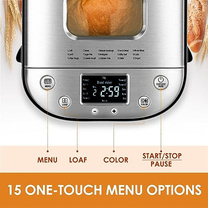 Kitchen in the box 2LB Bread Maker with Recipes Auto 15-in-1 Bread Machine Stainless Steel (SLIVER)