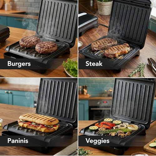 OVENTE 2-Serving Electric Indoor Grill & Panini Press with Easy Clean Non-Stick Plate Coating, Opens 90 Degrees, 10.7" x 7.7" Space Saving Design, 750W Contact Grill for Burgers & More, Black GP222B