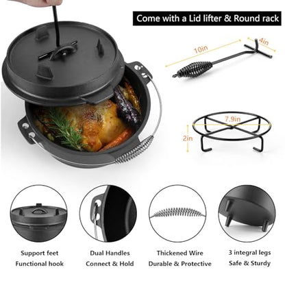 HaSteeL 7 QT Cast Iron Dutch Oven, Large 2 in 1 Camp Pre-Seasoned Deep Pot & Lid Skillet Pan, Heavy Thick 7 Quart Multiple Cookware with Feet for Outdoor Camping Baking, Bracket and Lid Lifter