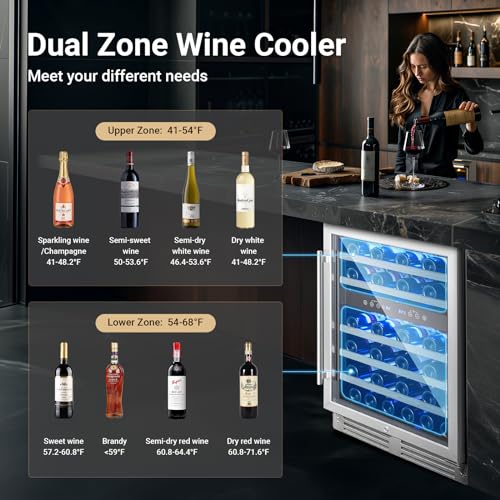 BODEGA 24 Inch Wine Cooler, Wine cooler refrigerator with Double-Layer Glass Door, Dual Zone Wine Fridge with Digital Temperature Control and Temperature Memory, 46 Bottles wine coolers for home.