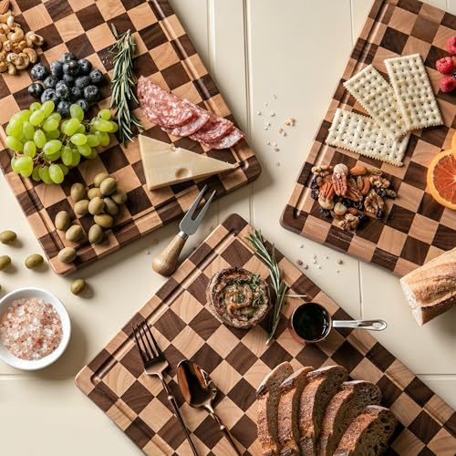 THETCHRY Cutting Boards for Kitchen, Checkered Cutting Board Upgraded, Acacia Wood Chopping Board with Juice Grooves & Handles, Large Butcher Block Serving Tray with Gift Box, 17"X12"X0.8"