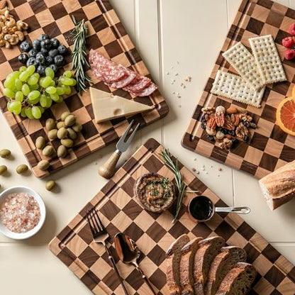 THETCHRY Cutting Boards for Kitchen, Checkered Cutting Board Upgraded, Acacia Wood Chopping Board with Juice Grooves & Handles, Large Butcher Block Serving Tray with Gift Box, 17"X12"X0.8"