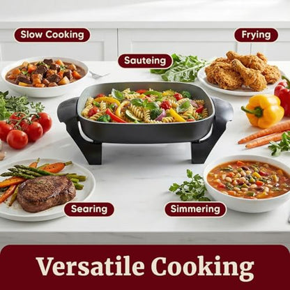 Elite Gourmet 12"x12"x2.15” Ceralast™ PFAS Free Ceramic Electric Skillet, Dishwasher Safe, Rapid Heat Up, 1200W, Dark Grey