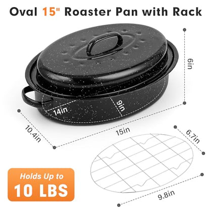 15” Roaster Pan with Lid and Rack, Small Enamel Roaster Pan with Oval Roasting Rack, Granite Baking Pot for Chicken Turkey Lamb, Heat Resistant, Oven/Dishwasher/All Stovestops Compatible