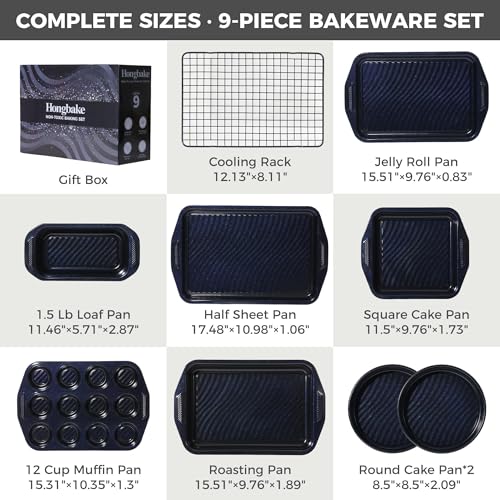 HONGBAKE 9-Piece Non Stick Baking Pans Set with Wave Texture for Reduced Oil, 0.8mm Thick Non Toxic Bakeware Sets, Includes Stackable Cookie Sheets for Oven Cooking, Cake Pan, Muffin Pan, Blue