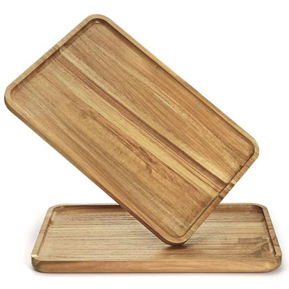 YOUEON Set of 2 Acacia Wood Serving Tray with Raised Edge, 14.2 x 9.5 Inch Rectangular Serving Tray, Appetizer Cheese Plate, Sandwich Dessert Trays, Wood Plates for Food, Coffee, Fruit, Cookie