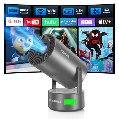 Portable Projector with Built-in Battery for Outdoor & Travel, Mini Projector with WiFi and Bluetooth, 1080P Supported, Electric Focus, Auto Keystone, 210° Rotatable Stand Home Theater( Iron Gray)