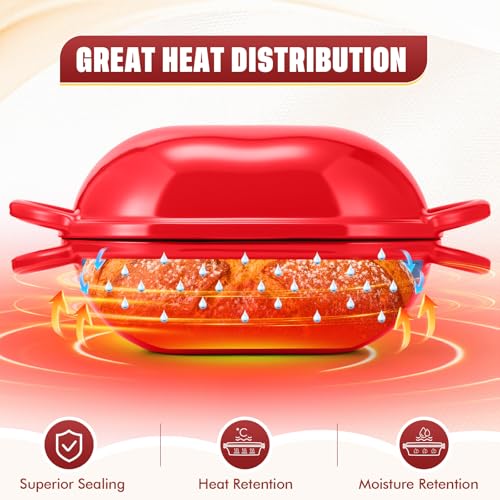 Maxdot 4qt Dutch Oven with Lid Enameled Cast Iron Sourdough Bread Pan for Baking Non Stick Single with Loop Handles for Family Homemade Breadbaking(Red)