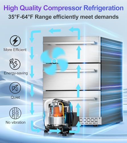 RLPI 3 Drawer Outdoor Beverage Refrigerator Undercounter, Hold 180 Cans 24 inch Weather Proof Stainless Steel Beverage Fridge, Built-in & Freestanding Beverage Cooler Fridge for Soda, Beer, Fruit