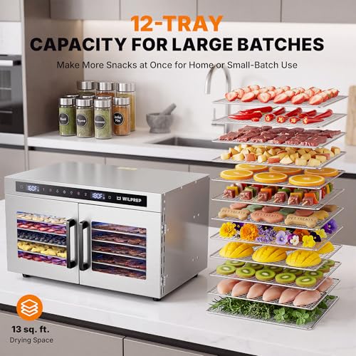 WILPREP Dual-Zone Food Dehydrator for Jerky, 12-Tray, 13 sq ft Food Dryer with Independent Control & 86–185°F Temp Range, Stainless Steel Dehydrator for Homemade Jerky Fruit Herbs Snacks