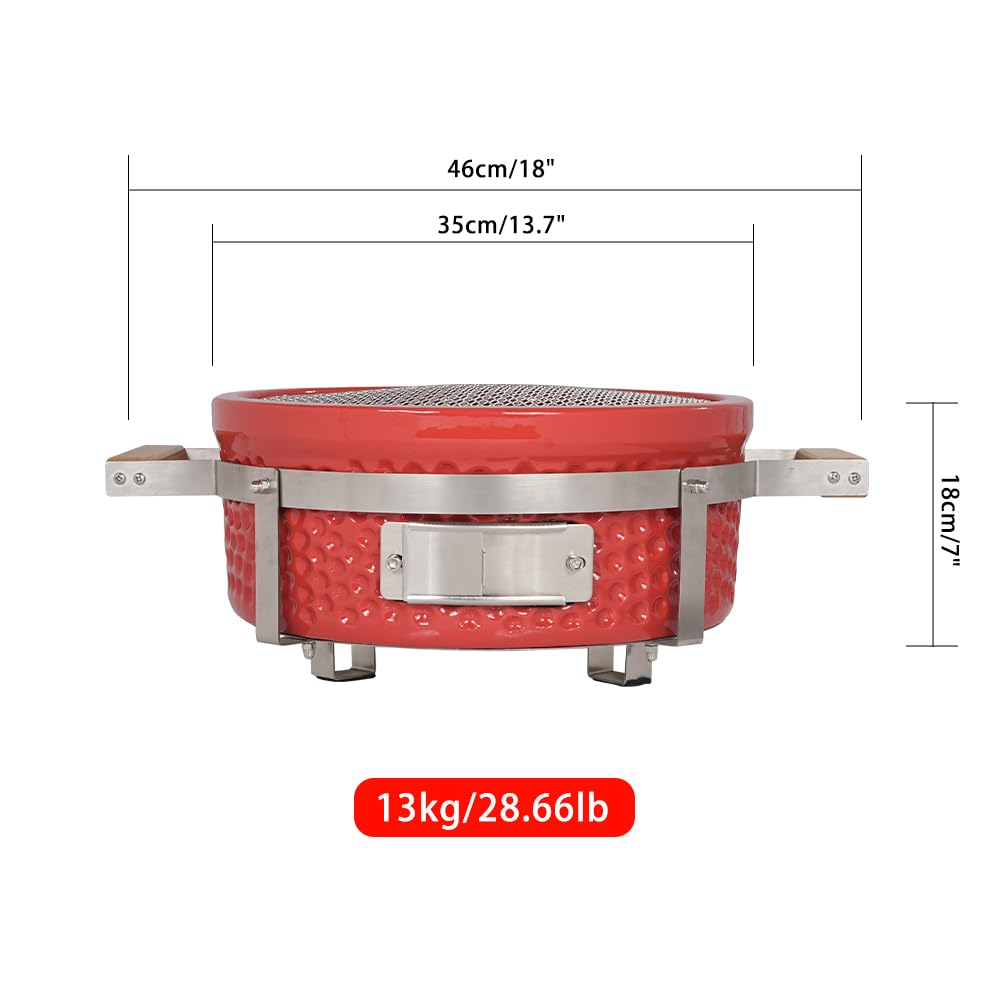 AUPLEX Yakitori Ceramic Charcoal Grill, Square Japanese Style Tabletop BBQ Gill With Grid Lifter For Indoor/Outdoor, 16"x9", Red