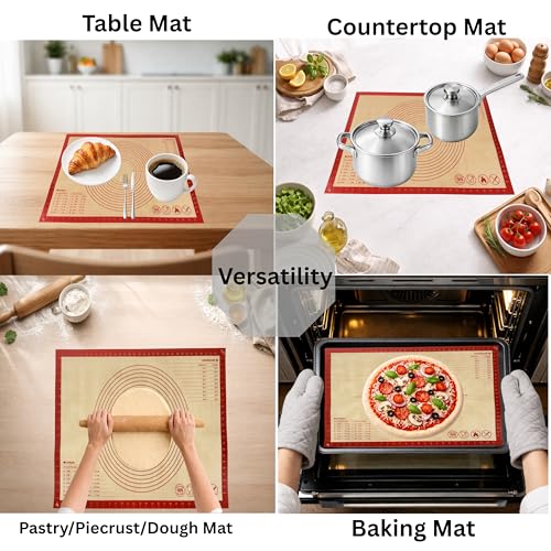 LYCIAN WAY Silicone Pastry Mat with Measurements, 26 x 16 Inch Extra Thick Non-Slip Nonstick Large Baking Mat for Dough Rolling, Kneading, Fondant and Pie, Red