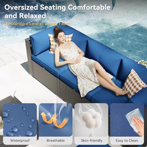 Aoxun Patio Furniture Set, 7 Piece Outdoor Sectional Sofas with Think Cushions, Wicker Rattan Outdoor Furniture Patio Conversation Set for Backyard, Garden Navy Blue