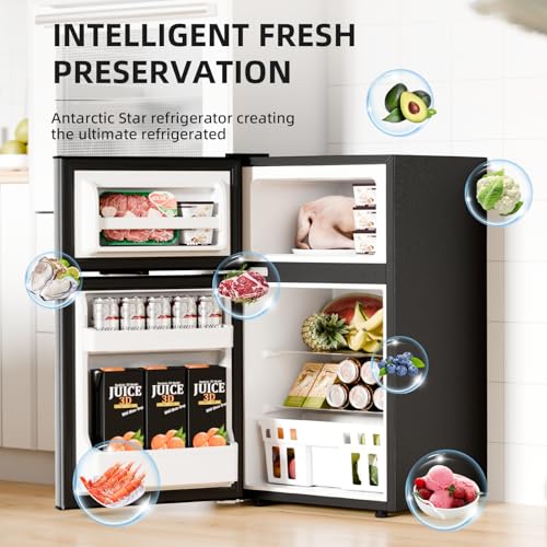 Antarctic Star Compact Refrigerator with Freezer,2 Door Mini Fridge,Adjustable Shelf,Adjustable Thermostat,for Bedroom,Office,Dorm,Kitchen,3.2 Cu.Ft.Silver
