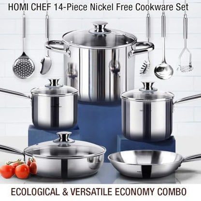 HOMICHEF 14-Piece Nickel Free Stainless Steel Cookware Set - Nickel Free Pots and Pans Set - Non-Toxic, Healthy Induction Cookware