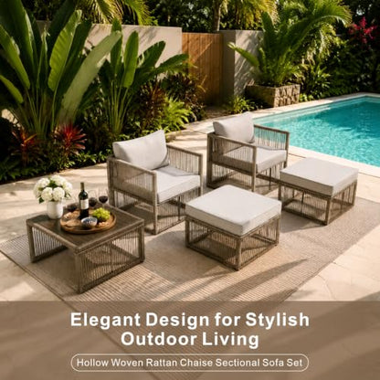 5 Piece Outdoor Small Patio Furniture Set, Wicker Sectional Furniture Set