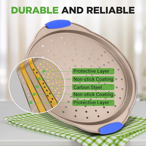 NutriChef 13-Inch Non-Stick Pizza Tray - with Silicone Handle, Round Steel Non-stick Pan with Perforated Holes, Premium Bakeware, Pizza Tray with Extended Handles, Dishwasher Safe - Champagne Gold