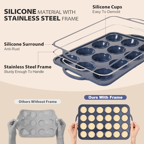 Vnray 2 Pack Silicone Muffin Pan 12 and 24 Cup with Metal Frame,Non Stick Silicone Mini Cupcake Pan with Handles, BPA Free Silicon Regular Muffin Tin Tray Small for baking, egg bites, Mold Grey