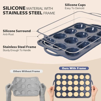 Vnray 2 Pack Silicone Muffin Pan 12 and 24 Cup with Metal Frame,Non Stick Silicone Mini Cupcake Pan with Handles, BPA Free Silicon Regular Muffin Tin Tray Small for baking, egg bites, Mold Grey