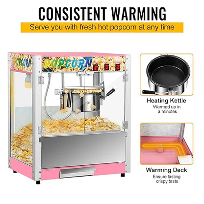 Commercial Popcorn Machine with 8 Oz Kettle, 850 W Countertop Popcorn Maker for 48 Cups per Batch, Theater Style Popper with 3 Switch Control Steel Frame Tempered Glass Doors (pink, 8OZ)