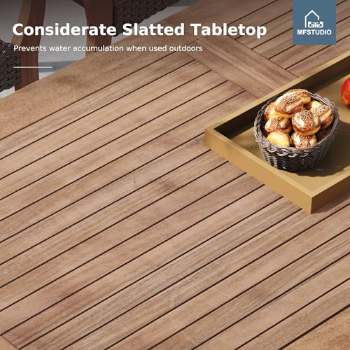 MFSTUDIO Teak Outdoor Dining Set for 8, Outdoor Wood Table and Chairs, 9 Pieces Outdoor Dining Table Set with Rattan Chairs, Wood Patio Dining Furniture Expandable Table for 8