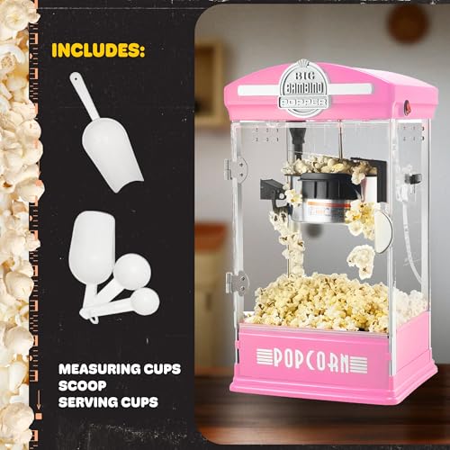 Big Bambino Popcorn Machine - Old-Fashioned Popcorn Maker with 4-Oz Kettle, Measuring Cups, Scoop, and Serving Cups by Great Northern Popcorn (Pink)
