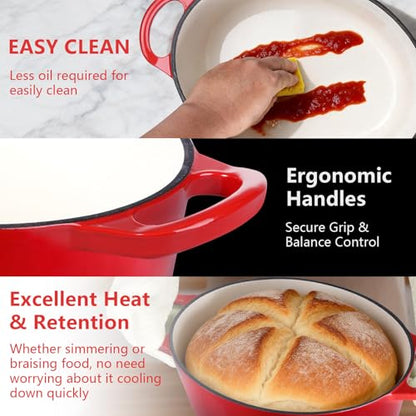 P&P CHEF Oval Dutch Oven with Lid, Enameled Cast Dutch Oven Pot for Bread Baking, Braising, Stewing, Roasting, Non-Stick & Oven Safe, Dual Handles & Easy Clean, 7QT & Red, Valentine's Day