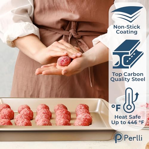 Perlli 10 Piece Baking Set - Nonstick Gold Steel Oven Bakeware With Silicone Handles, Cookie Sheets, Round Cake Pans, 9x13 Pan With Lid, Loaf Pan, Deep Pan, Pizza Crisper, Muffin Pan