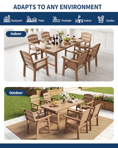 8 Piece HDPE Outdoor Dining Set for 6 with 15ft Umbrella and Base,Teak