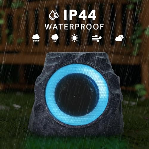 uuffoo 2-Pack Solar Powered Rock Speakers Outdoor Water-Resistant IP44 Rock Speaker with Lights RGB Colors and USB Charging for Patio Pool Party Yard Garden Outside