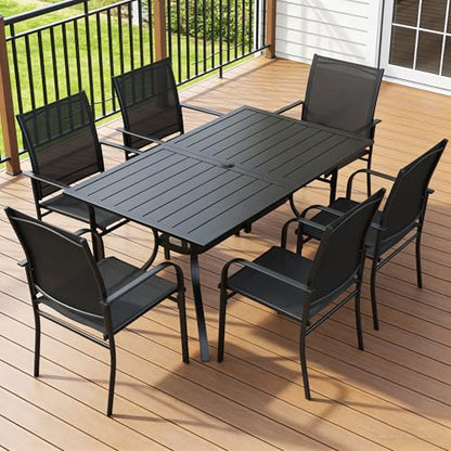 SUNCROWN 7 - Piece Outdoor Dining Set, Patio Furniture Set with 6 x Textilene Dinning Chairs and 1 Steel Slat Metal Bistro Table for Lawn Garden Backyard Deck, Black