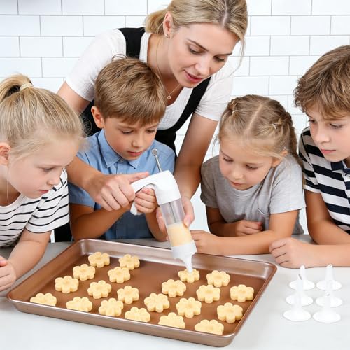 Cookie Press Gun Kit: 12 Discs & 6 Nozzles for Easy Baking. Make Spritz Cookies, Biscuits & Cheese Press. Ideal for Sweet & Cake Decorations. Includes 6 Piping Tips.