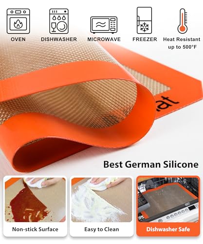 MMmat Silicone Baking Mats - Best German Silicone, Non Slip Baking Sheet, Non Stick Reusable Silicone Mats For Baking, Food Grade Oven Liner, Counter Mat, Set of 6