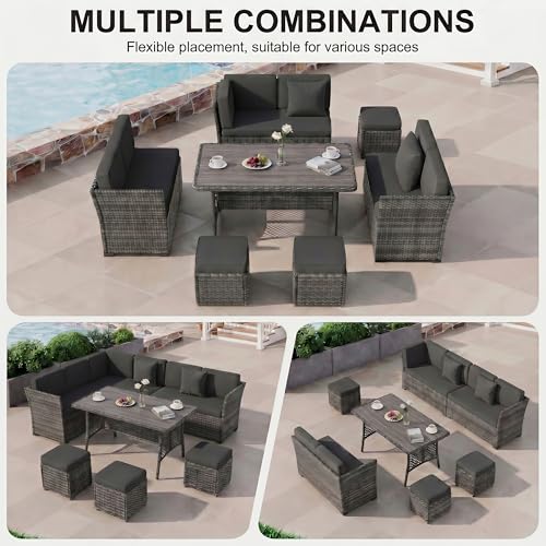 7 Pieces Patio Furniture Set, Patio Sectional with Dining Table & Ottoman
