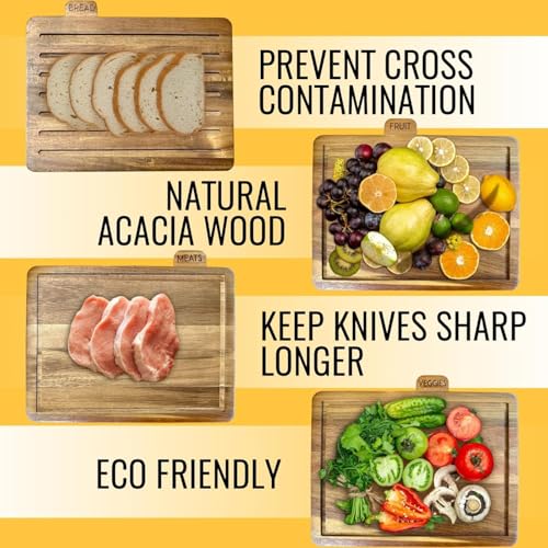 MODERNLYST Acacia Cutting Boards for Kitchen with Holder 13" x 11" x 2.5" | Labeled Wood Cutting Board Sets | Large Wooden Cutting Board Set of 4 with Black Organized Stand | Non Toxic Chopping Board
