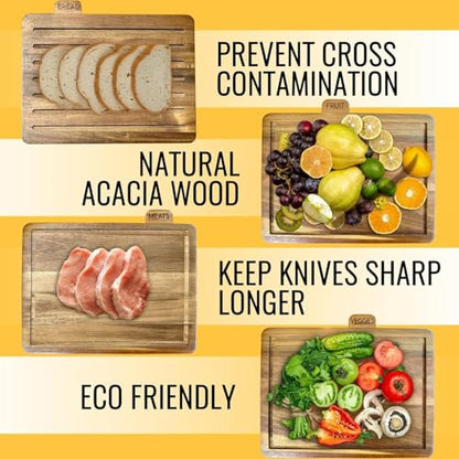 MODERNLYST Acacia Cutting Boards for Kitchen with Holder 13" x 11" x 2.5" | Labeled Wood Cutting Board Sets | Large Wooden Cutting Board Set of 4 with Black Organized Stand | Non Toxic Chopping Board
