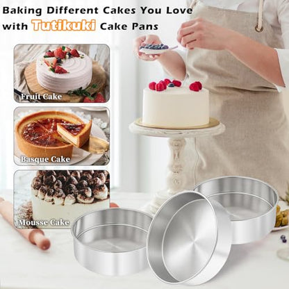 tutikuki 8 Inch Cake Pan - 3PCS Stainless Steel Round Layer Cake Baking Pans with 100 PCS Parchment Paper, Round Bakeware for Party Birthday Wedding, Mirror Finish & Dishwasher Safe