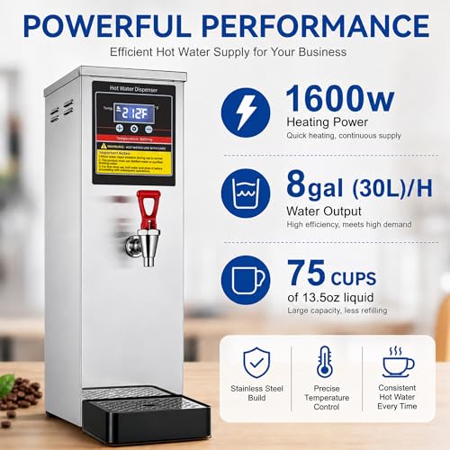 Commercial Hot Water Dispenser Countertop Water Boiler, 1600W 30L | 8GAL per Hour, Instant Hot Water Machine, Step-heating & 86-212°F Temperature Control, For Boba Tea Shop, Cafe, Office
