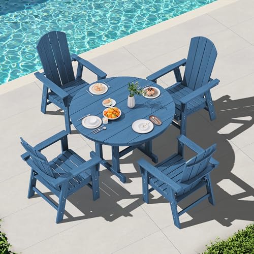 SERWALL 6-Pc Adirondack Patio Dining Sets with 9FT Umbrella, Navy (No Base)