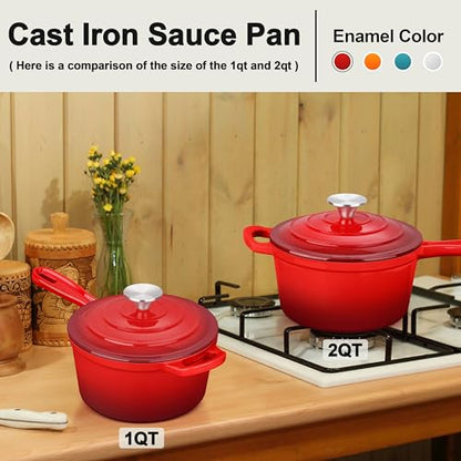 Enameled Cast Iron Sauce Pan with Lid, Leonyo 2 Quart Saucepan with Lid, Enamel Cast Iron Dutch Oven Kitchen Cookware for All Cooktops Making Pasta Sauce, Milk, Oatmeal - Up to 500°F & 6.7Lbs, Red