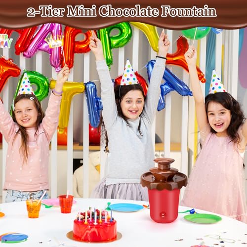 5oz Mini Chocolate Fountain with 10Forks,2-Tier Mini Chocolate Dipping Machine for Use with Chocolate Syrup Only, fit for Parties,Daily Use, Powered by 4 x C Batteries(Not Included) (Red)