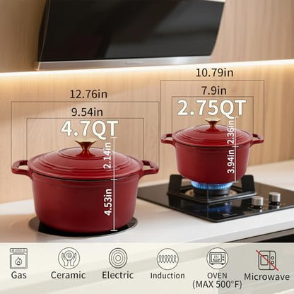 Tastedeli Enamel Cast Iron Dutch Oven with Lid, Round Casserole Pot for Bread Baking, Braising, Roasting, and Stews, Heavy-Duty, Oven Safe, Induction Compatible (4.7QT,Red)