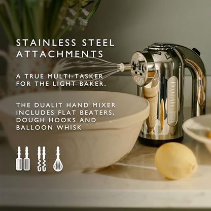 Dualit Hand Mixer - 300W- Strong Grip Handle - Attachments Included - Integral Plug Storage - 4 Speed Settings - Repairable gears - Flat Beaters, Dough Hooks, Balloon Whisk