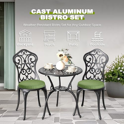 NUU GARDEN Patio 3-Piece Bistro Set with Cushions, Patio Chairs and Outdoor Round Table with Umbrella Hole, Cast Aluminum Patio Set for Lawn, Garden, Porch, Poolside, Black