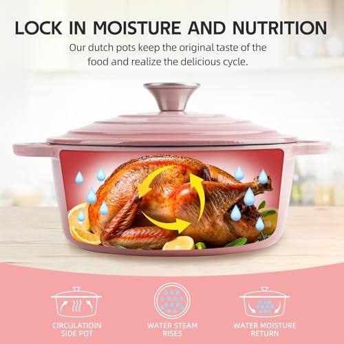 6 Quart Dutch Oven Enameled Cast Iron with Lid - Big Dual Handles - Oven Safe up to 500°F - Classic Round Pot for Versatile Cooking Pink